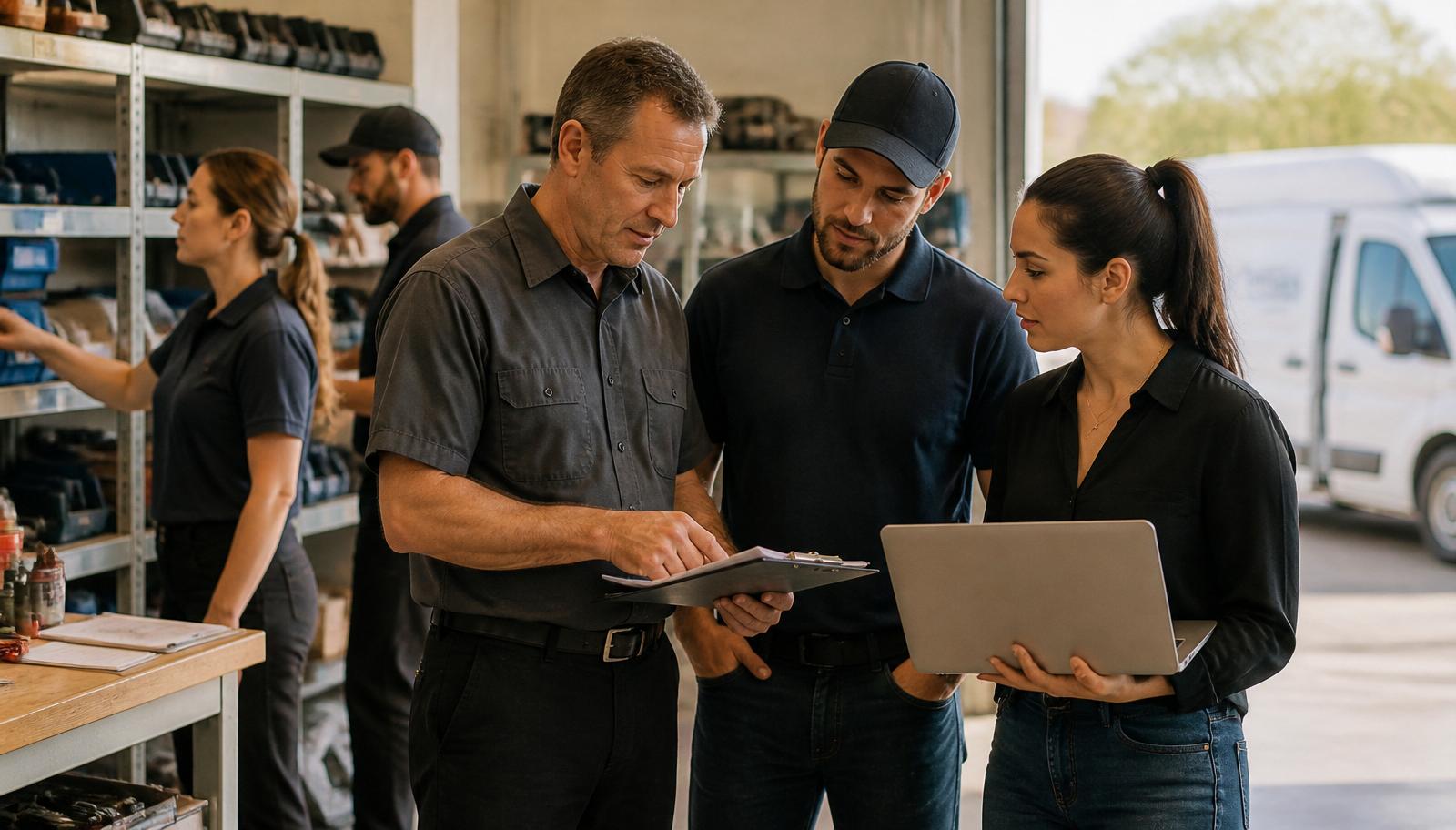A small owner-led service business team — owner, technicians, and office staff — reviewing a work order together in a shop with a service van in the background