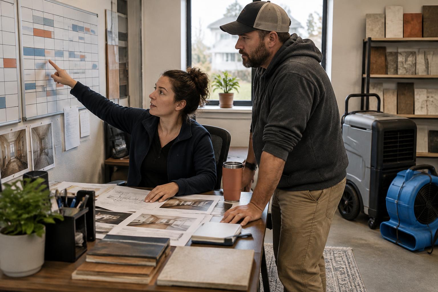 Illustrative scene of an operations manager reviewing a job-planning board with a business owner in a restoration company office; not actual Out of Office Connect customers