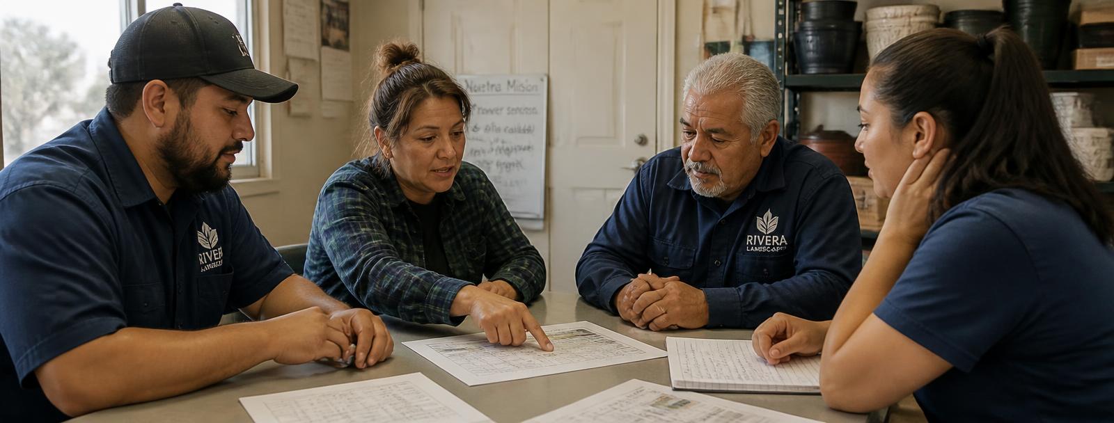 Small-business owner and team reviewing printed worksheets around a table